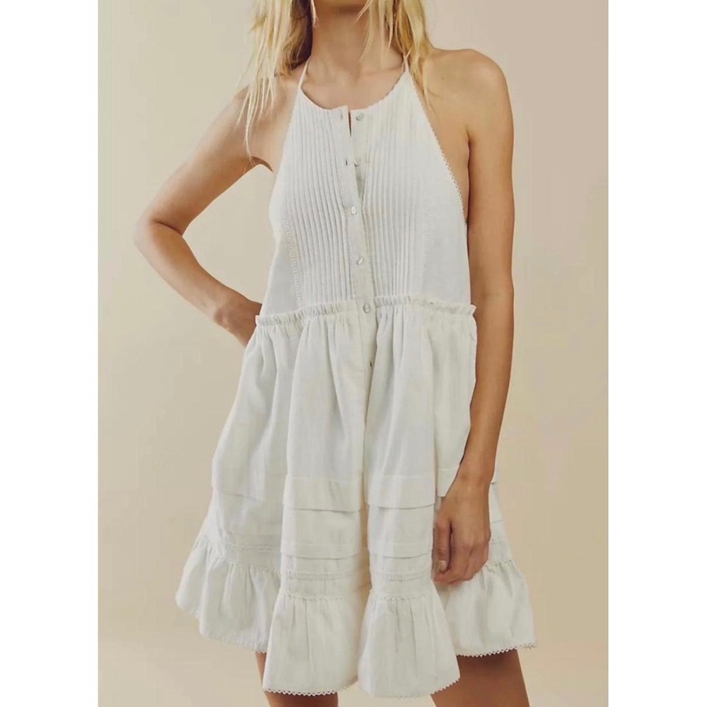 Free People White Cotton Halter Mini Dress Boho Pintuck Lace Trim XS NEW - Picture 8 of 8